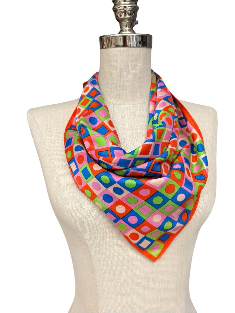 Vintage Mod Scarf Colorful Geometric Dots Scarf Blue, Orange, Pink, Green 60s - Picture 8 of 9